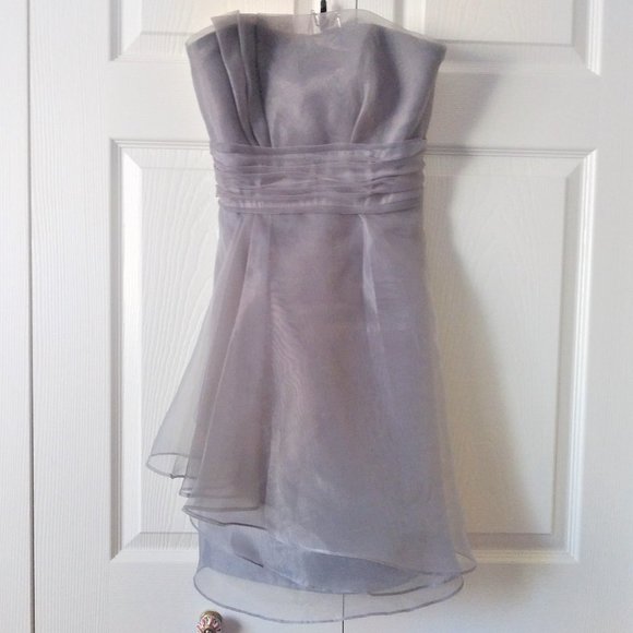 David's Bridal Silver Grey Organza Strapless Midi Dress Size 2 - Picture 2 of 10
